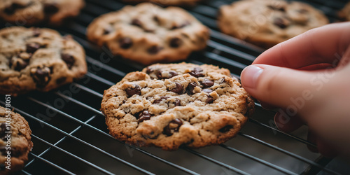 Chocolate chip cookies resting on a baking pan, fresh from the oven. Ideal for content related to baking, homemade treats, or food photography. photo