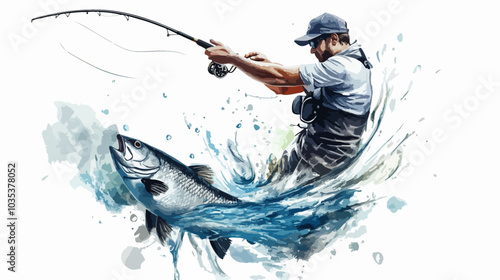 Illustration of a fisherman catching fish. Fishing.