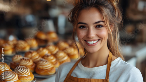 Smiling woman with plate of cinnabons and space for text. photo