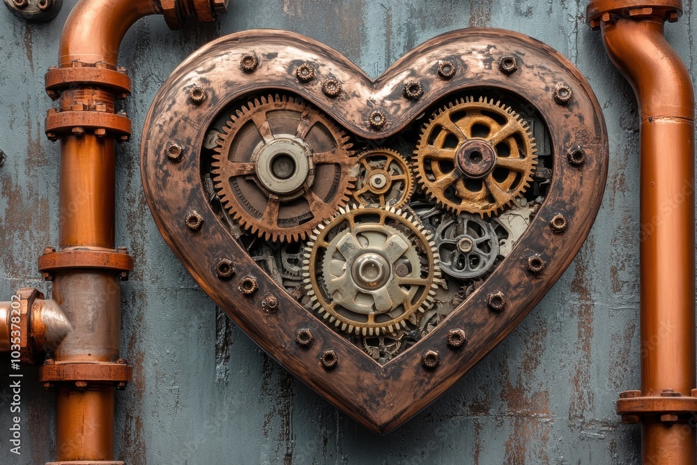 Fototapeta premium A metallic heart with cogs and gears inside, symbolizing a mechanical approach to love, precision, and the complexities of emotion, set in a steampunk world with copper pipes and machinery