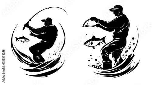 Illustration of a fisherman catching fish. Fishing.