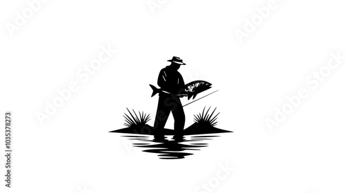 Illustration of a fisherman catching fish. Fishing.