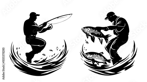 Illustration of a fisherman catching fish. Fishing.