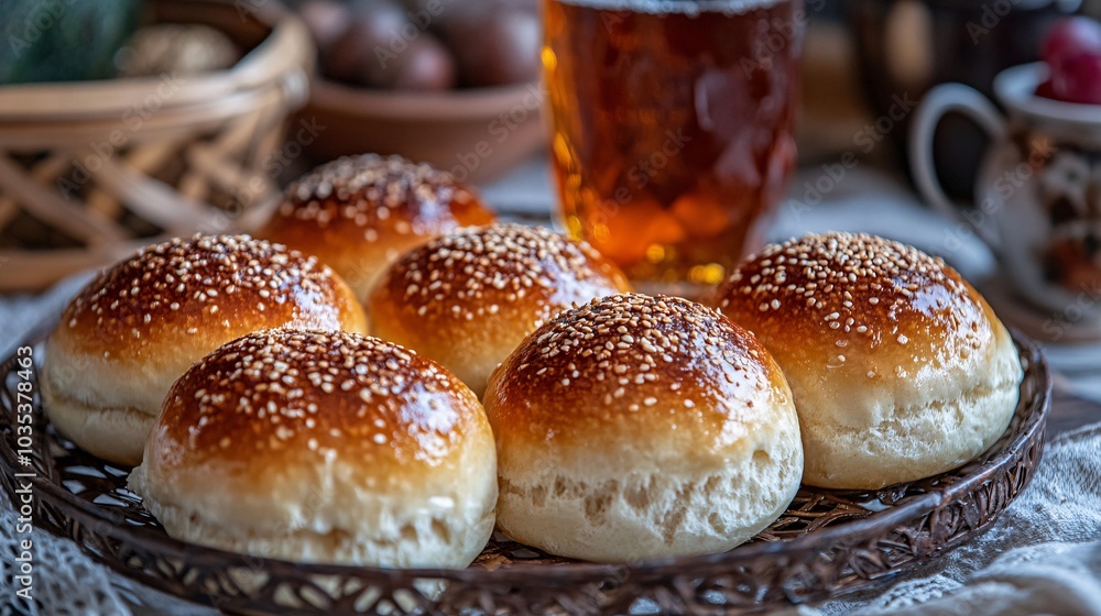 Warm and toasted hamburger buns enjoyed with cold beverages in a relaxed setting Stock Photo with side copy space Warm and toasted hamburger buns enjoyed with cold beverages in a relaxed setting Stock Photo with side copy space