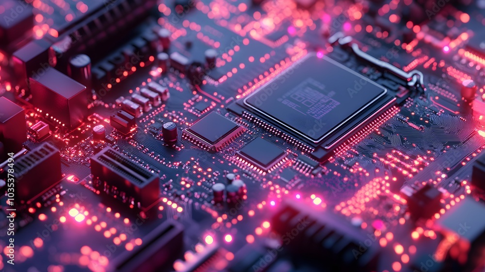 Microprocessor chipset central processor unit on the illumination circuit computer mainboard. Cyber and futuristic concept, hardware, AI, electronics and technology, with copy space Microprocessor chipset central processor unit on the illumination circuit computer mainboard. Cyber and futuristic concept, hardware, AI, electronics and technology, with copy space