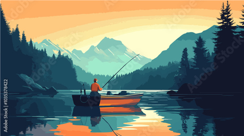 Illustration of a fisherman catching fish. Fishing.