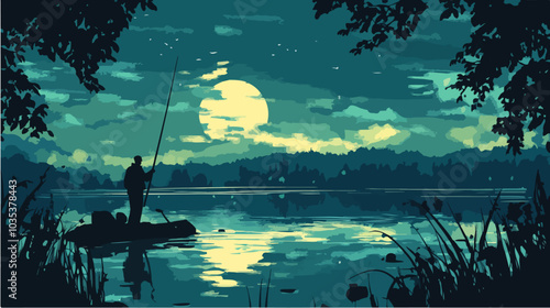 Illustration of a fisherman catching fish. Fishing.
