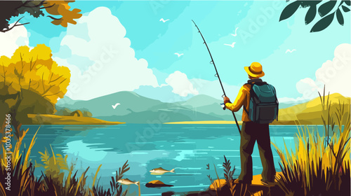 Illustration of a fisherman catching fish. Fishing.