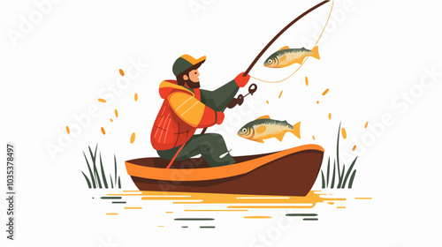Illustration of a fisherman catching fish. Fishing.
