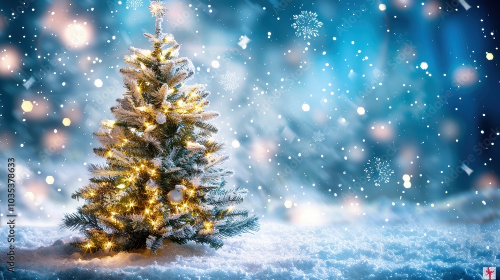 Snowy Christmas Tree with Warm Lights and Snowflakes Snowy Christmas Tree with Warm Lights and Snowflakes