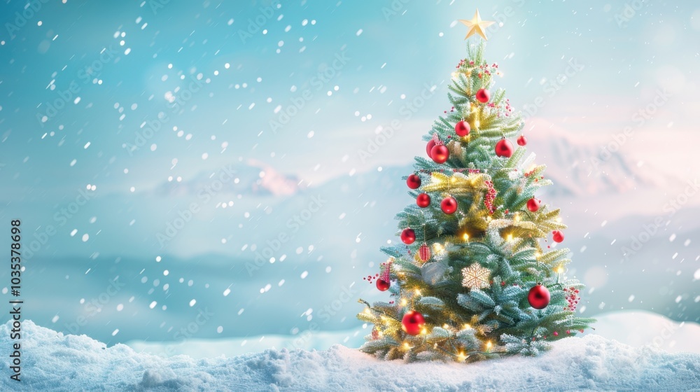 Festive Christmas Tree in Winter Wonderland Scene Festive Christmas Tree in Winter Wonderland Scene
