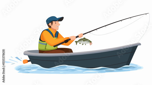 Illustration of a fisherman catching fish. Fishing.