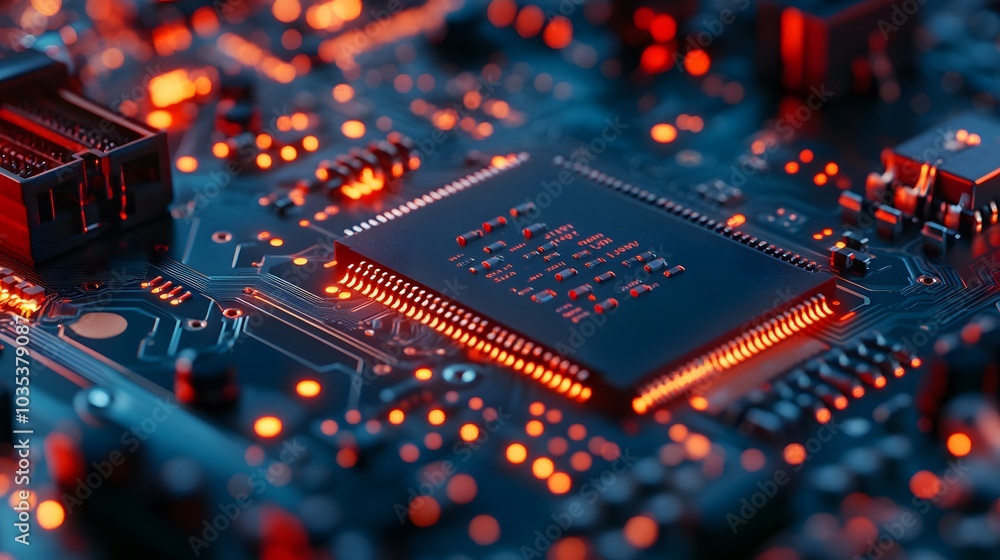 Microprocessor chipset central processor unit on the illumination circuit computer mainboard. Cyber and futuristic concept, hardware, AI, electronics and technology, with copy space Microprocessor chipset central processor unit on the illumination circuit computer mainboard. Cyber and futuristic concept, hardware, AI, electronics and technology, with copy space