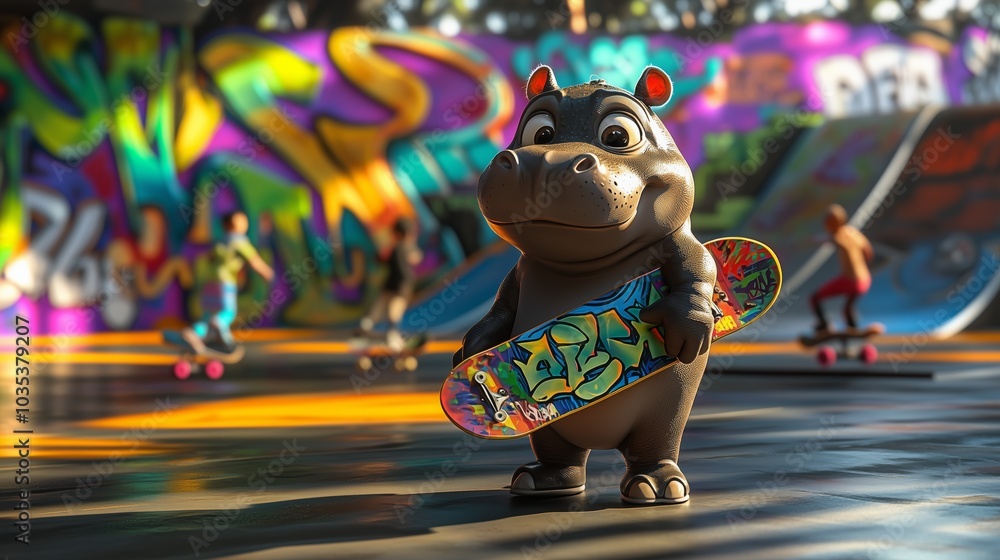 A cartoon hippo stands with a skateboard in a vibrant skate park during a sunny afternoon as other skaters practice tricks A cartoon hippo stands with a skateboard in a vibrant skate park during a sunny afternoon as other skaters practice tricks