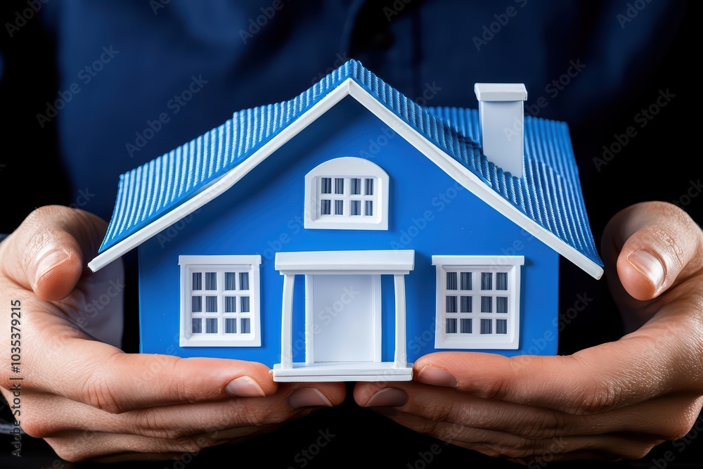 Hands holding a miniature blue house model on a dark background. Hands holding a miniature blue house model on a dark background.