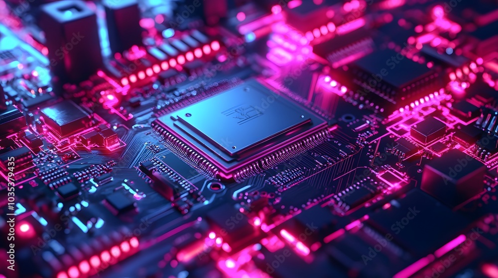 Microprocessor chipset central processor unit on the illumination circuit computer mainboard. Cyber and futuristic concept, hardware, AI, electronics and technology, with copy space Microprocessor chipset central processor unit on the illumination circuit computer mainboard. Cyber and futuristic concept, hardware, AI, electronics and technology, with copy space