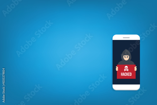 Hacker with hacked notification, malware notification on mobile phone. Smartphone with hacker alert, spam data on cellphone fraud error message, scam, virus.	