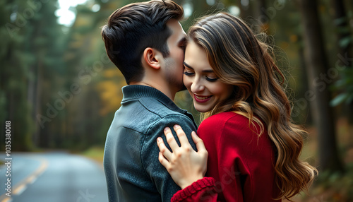 Close up portrait of a lovely caucasian couple reasting near the road in the forest where man is embracing his love from back while she is leaning her head on his chest with closed eyes smiling isol photo