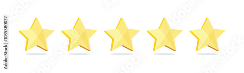 Five stars rating. 5 stars customer product rating review. Yellow five stars isolated on white background