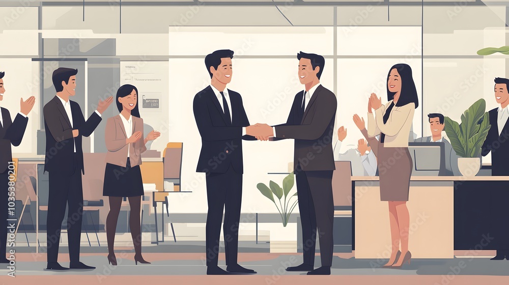 Fototapeta premium Businesspeople shaking hands in a modern office with colleagues clapping