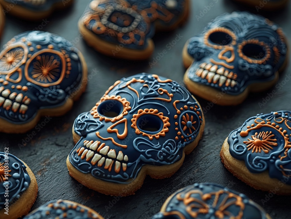 Vibrant Sugar Skull Cookies: Celebrate Day of the Dead with a Festive Arrangement on Dark Tabletop – Perfect for a Colorful Wall Poster in Your Cultural-Inspired Home Décor! Vibrant Sugar Skull Cookies: Celebrate Day of the Dead with a Festive Arrangement on Dark Tabletop – Perfect for a Colorful Wall Poster in Your Cultural-Inspired Home Décor!