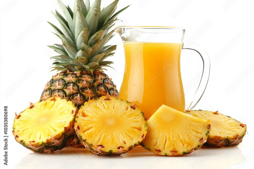 Freshly Squeezed Pineapple Juice in Glass Pitcher with Ripe Pineapple, Isolated on White Background. Freshly Squeezed Pineapple Juice in Glass Pitcher with Ripe Pineapple, Isolated on White Background.