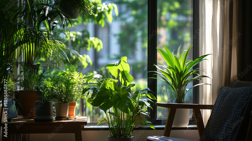 A cozy corner with plants for a refreshing work environment A cozy corner with plants for a refreshing work environment