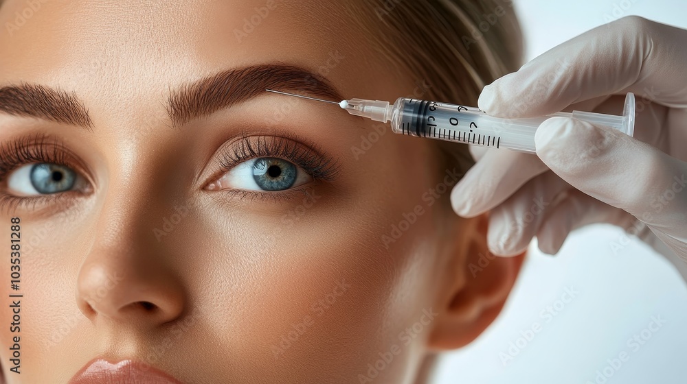 Young Caucasian Woman Receiving Injections In Her Forehead, Beauty and Skincare Concept Young Caucasian Woman Receiving Injections In Her Forehead, Beauty and Skincare Concept