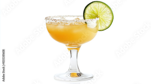 Extreme low angle shot from floor level, one short glass filled with orange juice and ice with a tajin rim and lime wheel sitting on a white ledge. isolated, plain white background