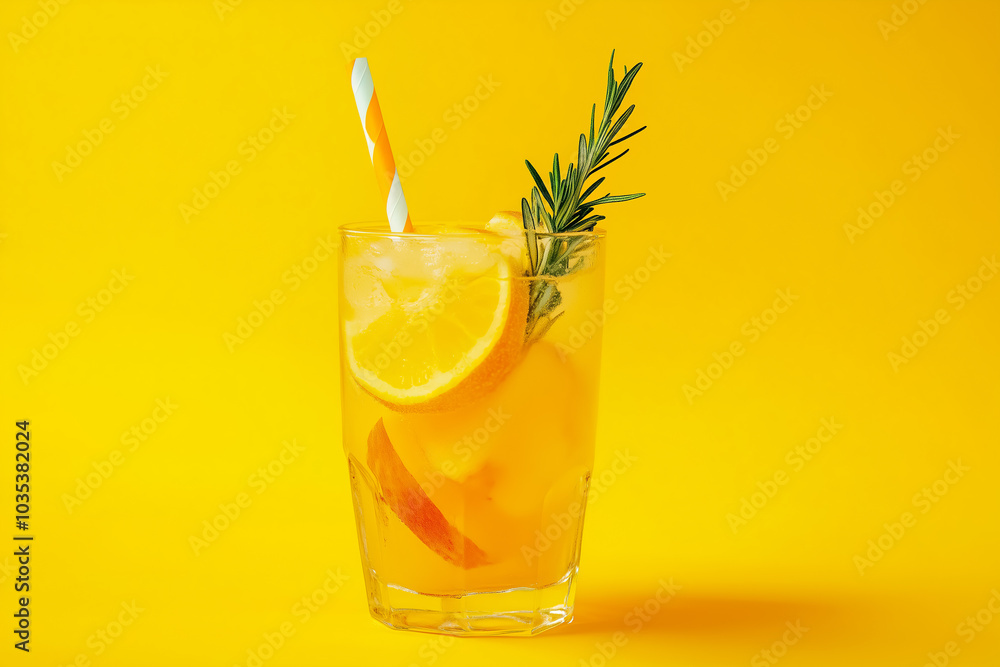 Refreshing citrus drink with rosemary in a glass against a bright yellow background for a summer vibe. Generative AI Refreshing citrus drink with rosemary in a glass against a bright yellow background for a summer vibe. Generative AI