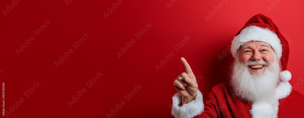 Santa Claus smiling and pointing to the side against a red background. Perfect for a Christmas banner or online store sale concept. Santa Claus smiling and pointing to the side against a red background. Perfect for a Christmas banner or online store sale concept.