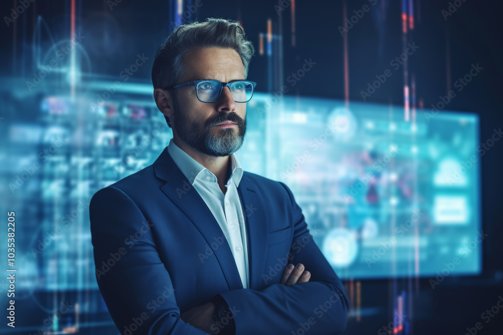 The businessman close-up standing in front of a screen displaying virtual cloud systems. The businessman close-up standing in front of a screen displaying virtual cloud systems.