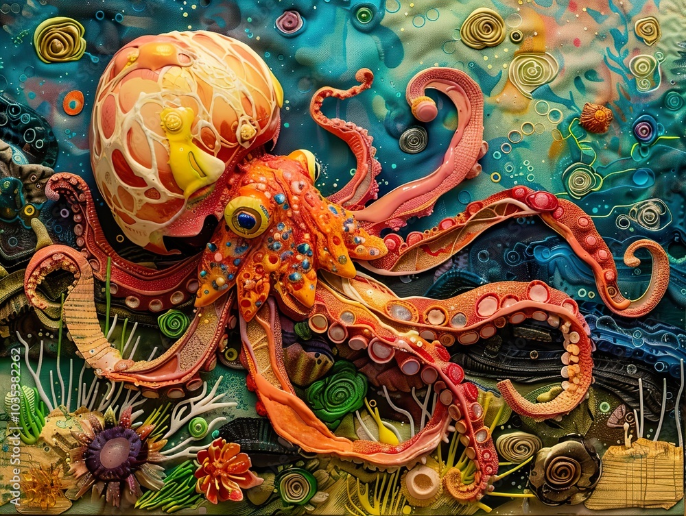 Obraz premium Colorful Octopus Collage: A Whimsical Underwater Art