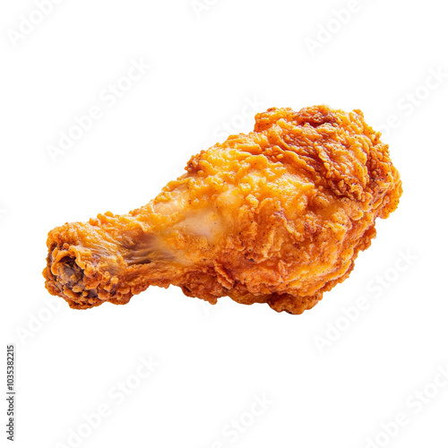 Crispy fried chicken drumstick with golden brown coating, showcasing its delicious texture and flavor. Perfect for meals or snacks! Isolated White Background