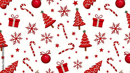 background Christmas pattern seamless, festive elements such as snowflakes, candy canes, Christmas trees, ornaments, stars, and gifts. The design showcases a joyful holiday theme with vibrant red