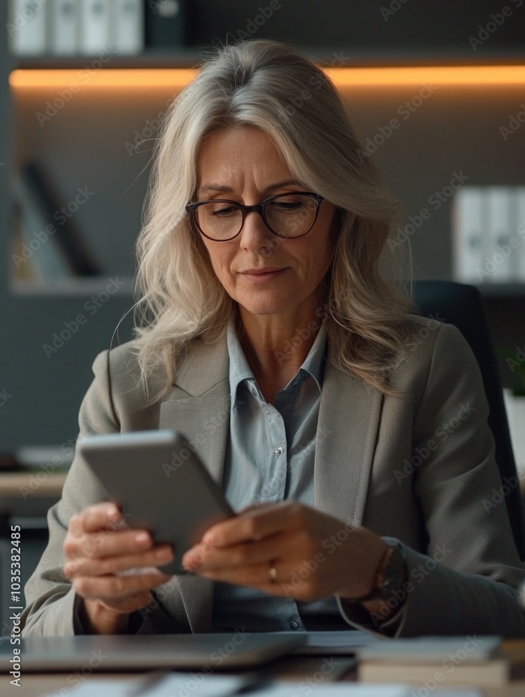 Businesswoman Using Cellphone in Office Businesswoman Using Cellphone in Office