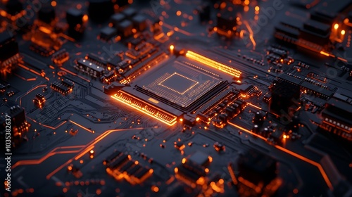 Microprocessor chipset central processor unit on the illumination circuit computer mainboard. Cyber and futuristic concept, hardware, AI, electronics and technology, with copy space 