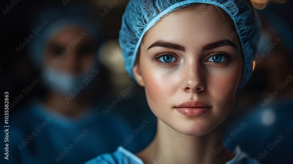 Hospital team in scrubs standing together in a bright and sterile operating room Stock Photo with side copy space Hospital team in scrubs standing together in a bright and sterile operating room Stock Photo with side copy space