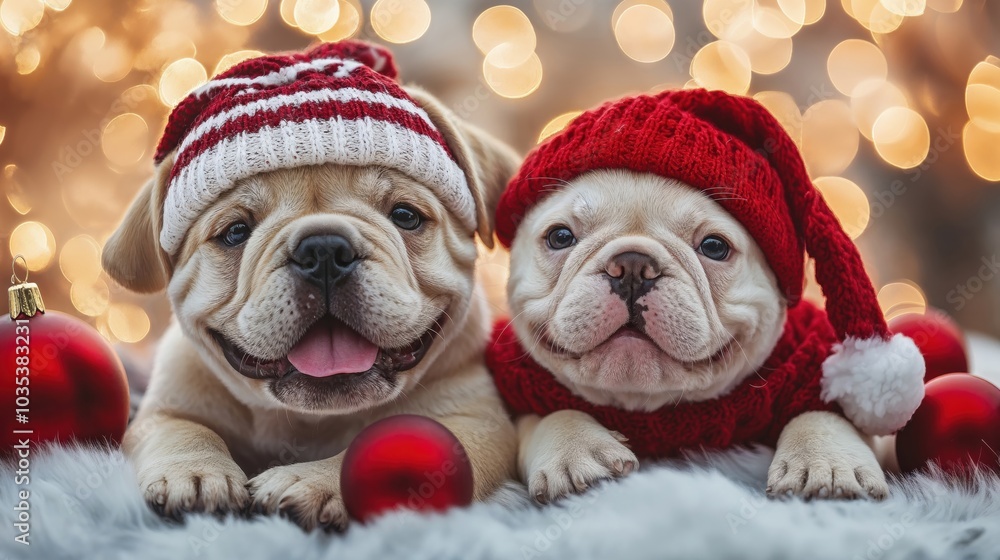 Two adorable bulldogs in Christmas attire with red and white knit hats, surrounded by festive bokeh lights and ornaments. Perfect for holiday marketing, social media campaigns and greeting cards Two adorable bulldogs in Christmas attire with red and white knit hats, surrounded by festive bokeh lights and ornaments. Perfect for holiday marketing, social media campaigns and greeting cards