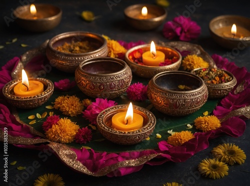 Floating diyas and illuminated boats add a touch of enchantment to Diwali celebrations on the serene water photo