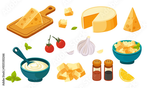 Cheese set. Dairy product and various additives. Sour cream, cheese cubes, piece of cheese on cutting board, black and red pepper seasoning, lemon slice, cherry tomatoes and garlic Flat vector 