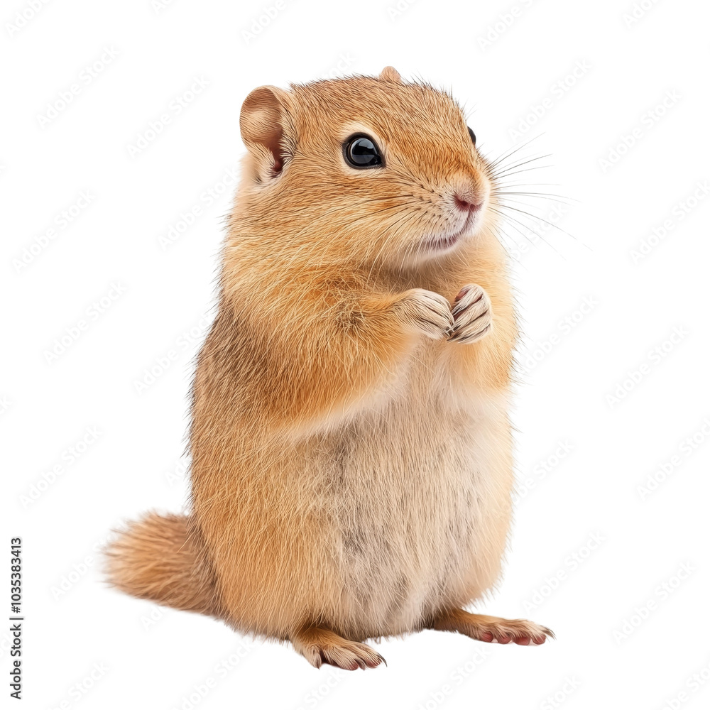 cute and fluffy rodent stands upright, showcasing its soft fur and bright eyes, exuding sense of curiosity and playfulness. Isolated White Background cute and fluffy rodent stands upright, showcasing its soft fur and bright eyes, exuding sense of curiosity and playfulness. Isolated White Background