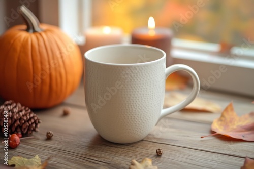 A plain white mug on a wooden table, surrounded by pumpkins, autumn leaves, and small candles.