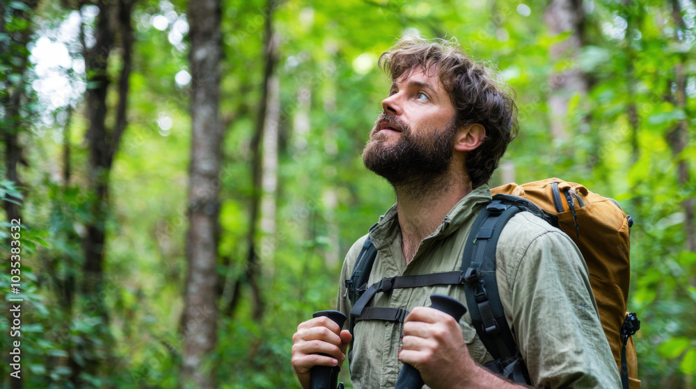 Bearded man hiking through a forest, surrounded by nature, enjoying an outdoor adventure Bearded man hiking through a forest, surrounded by nature, enjoying an outdoor adventure