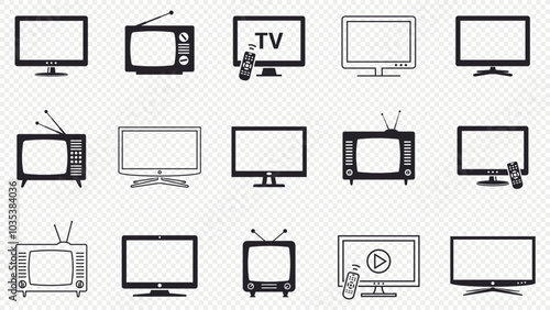 Set of modern and retro tv flat and line icons isolated on transparent background.
