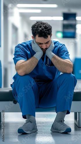 Exhausted Doctor Sitting In Hospital Corridor photo