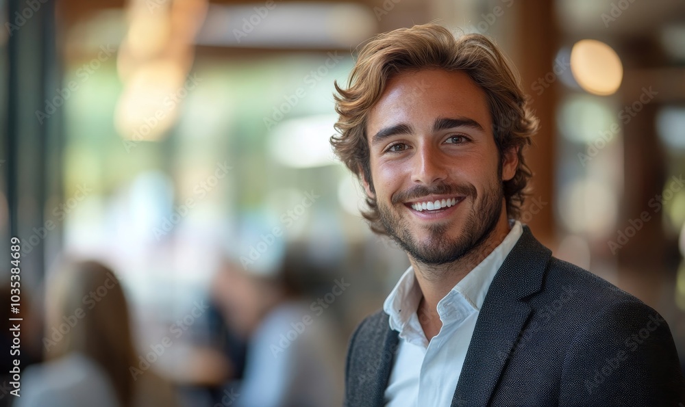 Young professional smiling and looking at camera in a successful business meeting, Generative AI Young professional smiling and looking at camera in a successful business meeting, Generative AI