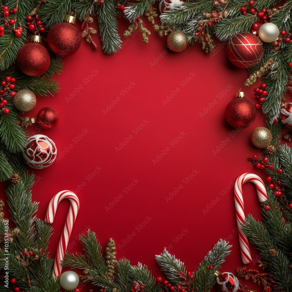 New Year background featuring a frame of fir branches, candy canes, and Christmas ornaments on a red backdrop. Flat lay, top view. A mockup for design or text with copy space. New Year background featuring a frame of fir branches, candy canes, and Christmas ornaments on a red backdrop. Flat lay, top view. A mockup for design or text with copy space.