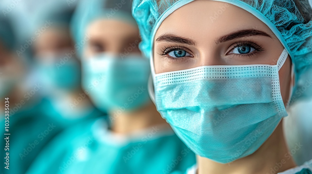 Surgeons in surgical masks performing a delicate procedure in a state-of-the-art operating room Stock Photo with side copy space Surgeons in surgical masks performing a delicate procedure in a state-of-the-art operating room Stock Photo with side copy space
