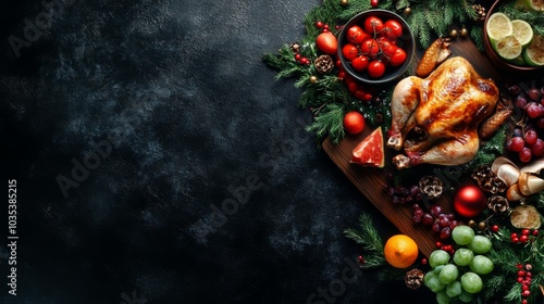 Wallpaper Mural Festive Christmas or New Year table setting with roasted chicken, fresh vegetables, and fruits on a dark wooden board with copyspace.  Torontodigital.ca